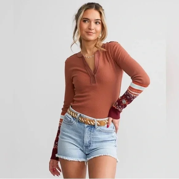 NWT Free People Mikah Layering Cuff Autumn Combo Top Long Sleeve Shirt - Picture 2 of 10